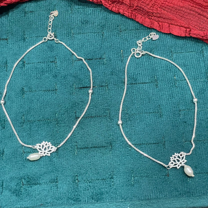 92.5 Sterling Silver Anklet for Women | Lotus Charm with Pearl Drop