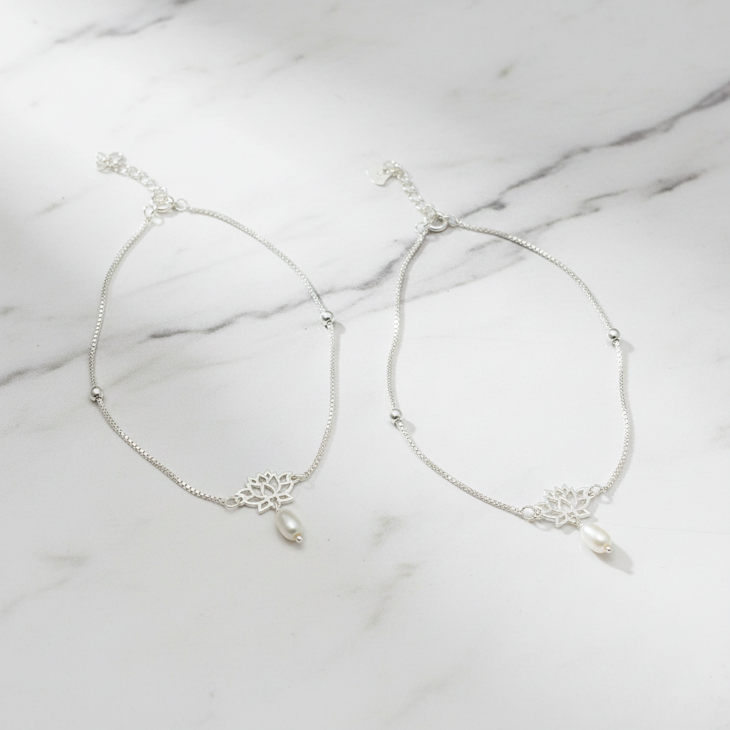92.5 Sterling Silver Anklet for Women | Lotus Charm with Pearl Drop