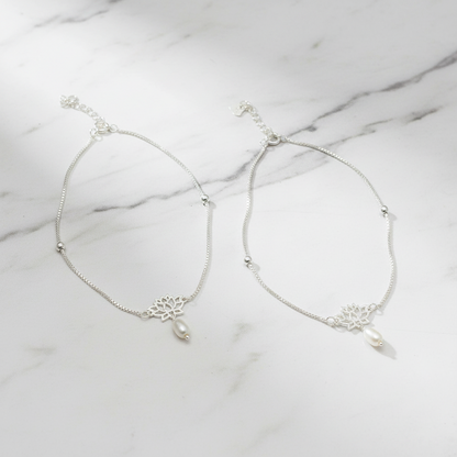 92.5 Sterling Silver Anklet for Women | Lotus Charm with Pearl Drop