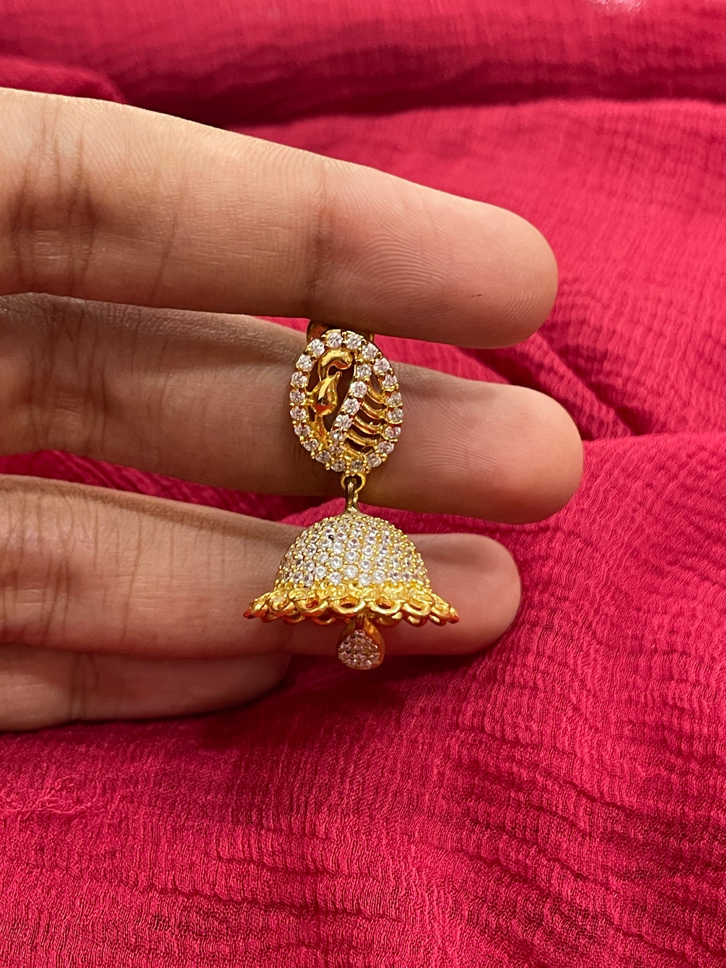 92.5 Silver Gold Plated White Stone Jhumka Earrings for Women | Traditional Elegant Design | Festive Jewellery