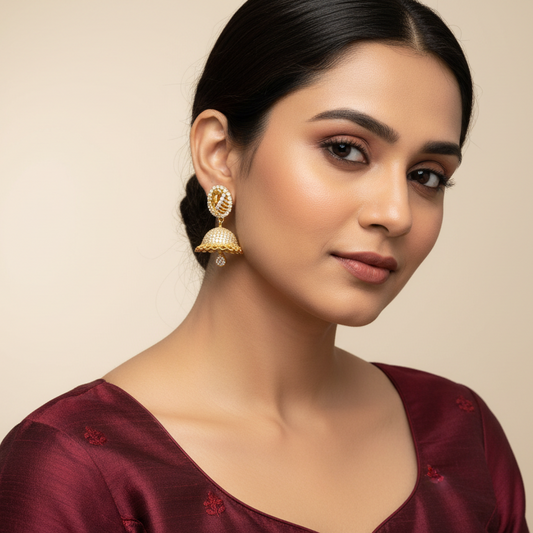 92.5 Silver Gold Plated White Stone Jhumka Earrings for Women | Traditional Elegant Design | Festive Jewellery