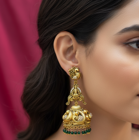 92.5 Silver Gold Plated Lakshmi Devi Jhumka Earrings for Women | Temple Style Design | Festive Jewellery