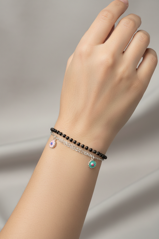 92.5 Silver Flower Black Beads Bracelet for Women 7.5 Inches | Stylish Elegant Design | Daily Wear Jewellery