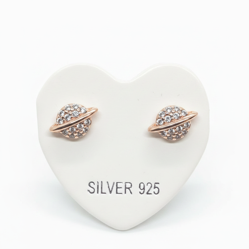 Rose Gold Plated 92.5 Sterling Silver Pavé CZ Saturn Planet Stud Earrings for Women | Celestial Globe Orbit Ring | Second Piercing Earring Pair
