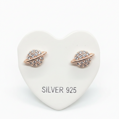 Rose Gold Plated 92.5 Sterling Silver Pavé CZ Saturn Planet Stud Earrings for Women | Celestial Globe Orbit Ring | Second Piercing Earring Pair