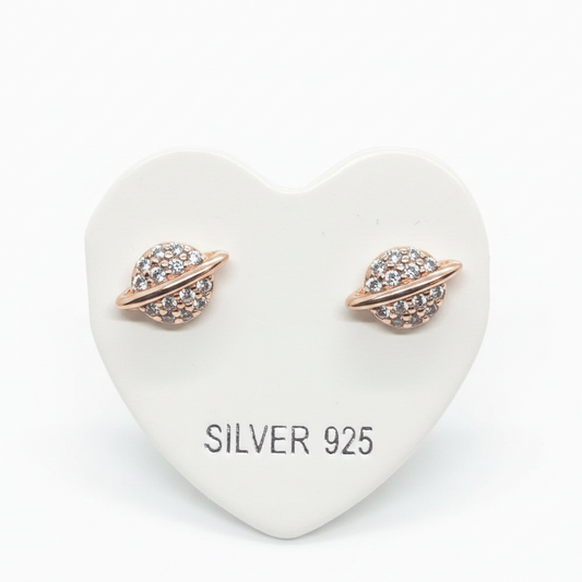 Rose Gold Plated 92.5 Sterling Silver Pavé CZ Saturn Planet Stud Earrings for Women | Celestial Globe Orbit Ring | Second Piercing Earring Pair