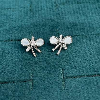 92.5 Sterling Silver MOP Wing & CZ Dragonfly Stud Earrings for Women pair