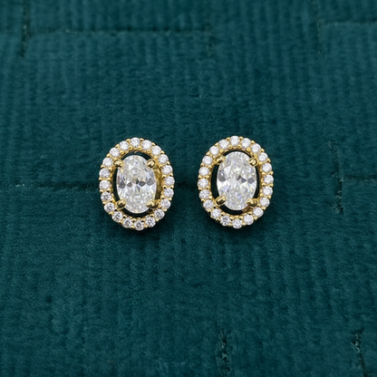 92.5 Sterling Silver Gold Plated Oval White CZ Solitaire & Pave Halo Stud Earrings for Women