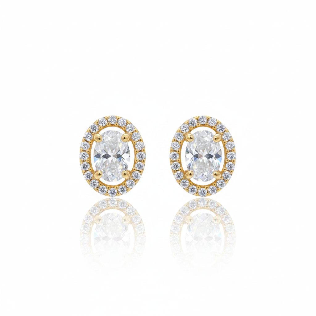 92.5 Sterling Silver Gold Plated Oval White CZ Solitaire & Pave Halo Stud Earrings for Women