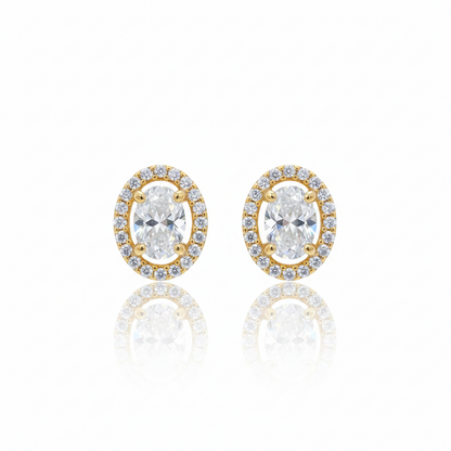 92.5 Sterling Silver Gold Plated Oval White CZ Solitaire & Pave Halo Stud Earrings for Women