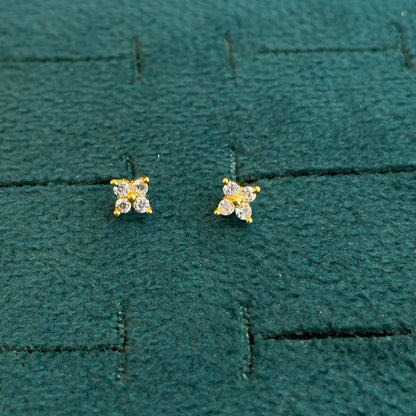 92.5 Sterling Silver Gold Plated Four Petal CZ Flower Studs