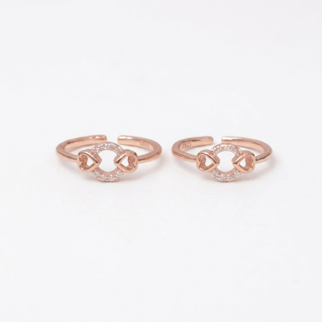 92.5 Silver Rose Gold Plated White CZ Heart Circle Toe Rings