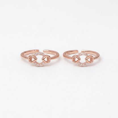 92.5 Silver Rose Gold Plated White CZ Heart Circle Toe Rings