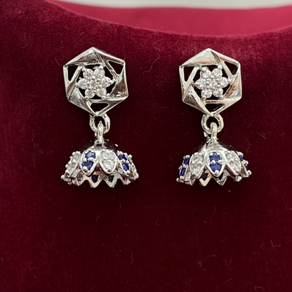 92.5 Sterling Silver CZ Hexagon Frame & Blue CZ Jhumka Drop Earrings for Women pair