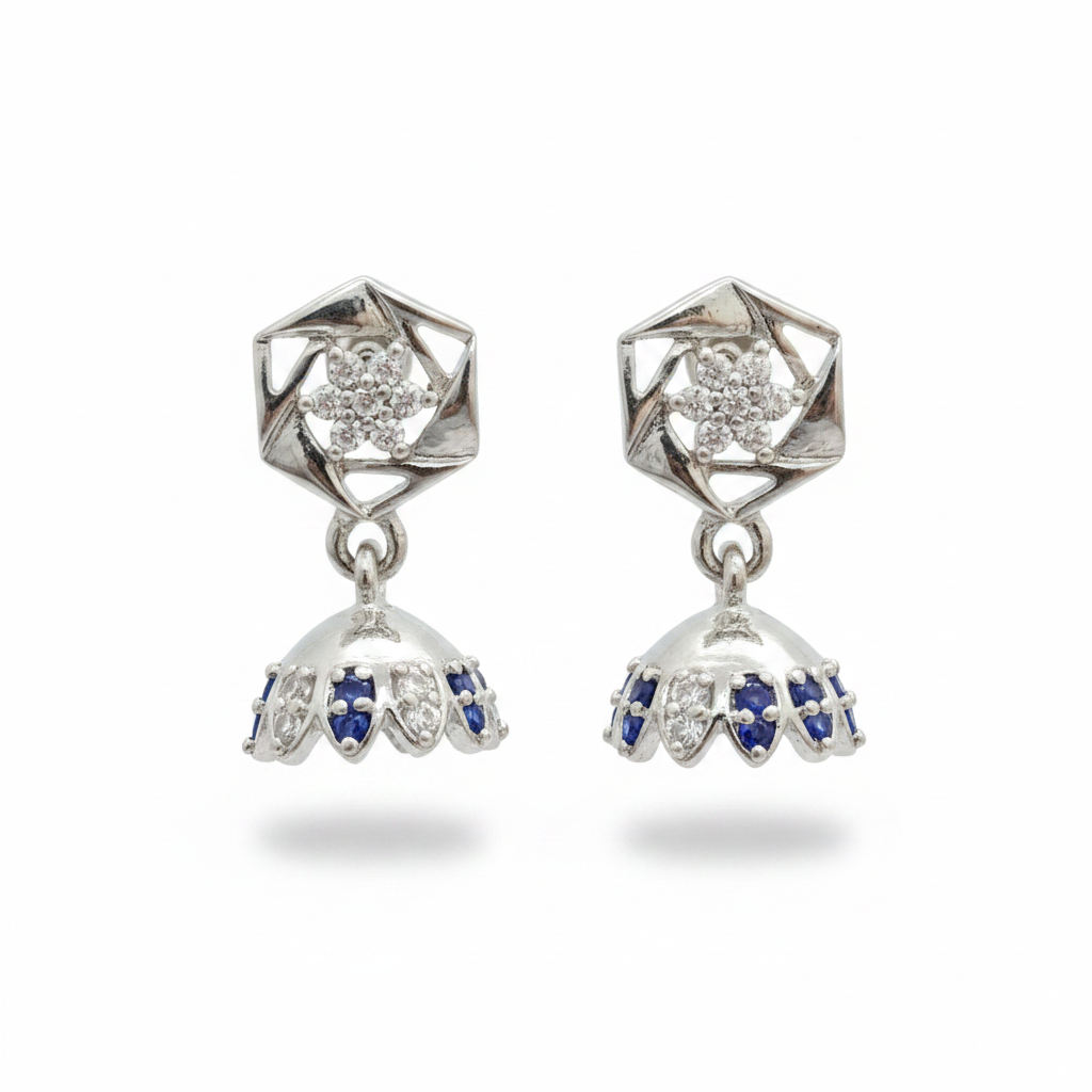 92.5 Sterling Silver CZ Hexagon Frame & Blue CZ Jhumka Drop Earrings for Women pair