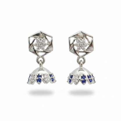 92.5 Sterling Silver CZ Hexagon Frame & Blue CZ Jhumka Drop Earrings for Women pair