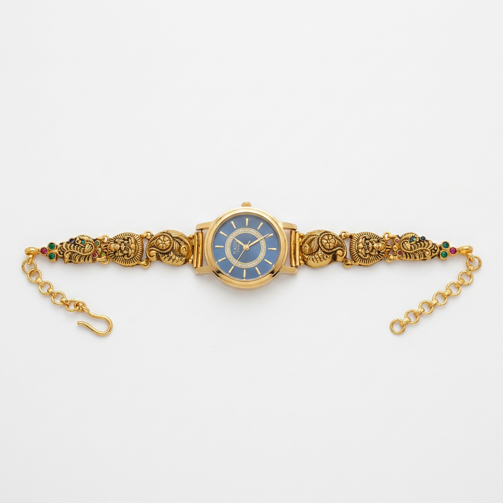 92.5 Silver Gold Plated Nakshi Peacock Watch for Women