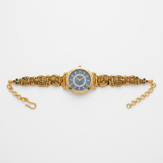 92.5 Silver Gold Plated Nakshi Peacock Watch for Women