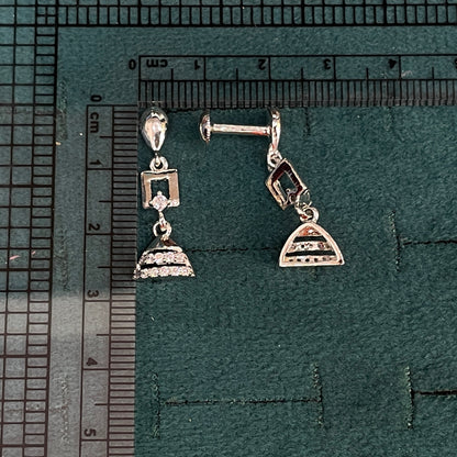 92.5 Sterling Silver CZ Square Frame & Mini Jhumka Drop Earrings for Women pair