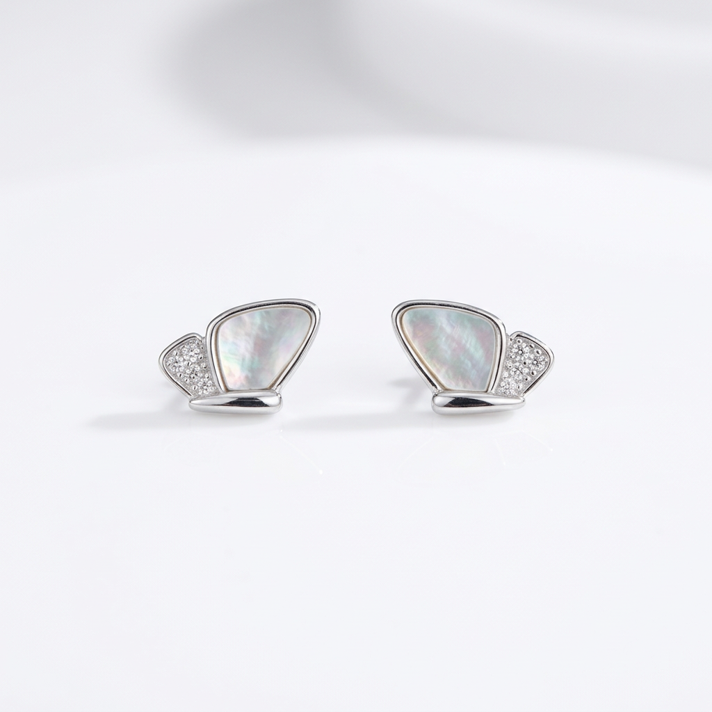 92.5 Silver White Mother-of-Pearl Butterfly Stud Earrings Pair