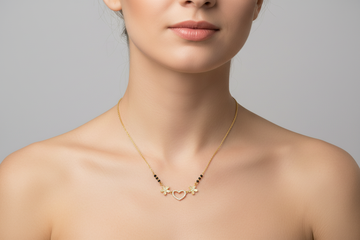 92.5 Silver Gold Plated Heart Black Bead Chain for Women 18.5 Inches | Stylish Love Design | Elegant Jewellery