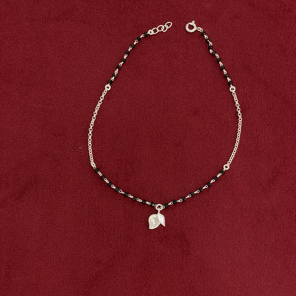 92.5 Silver Black Bead Leaf Charm Anklet - Single Pc