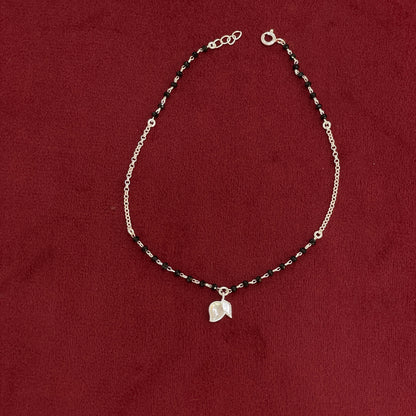 92.5 Silver Black Bead Leaf Charm Anklet - Single Pc