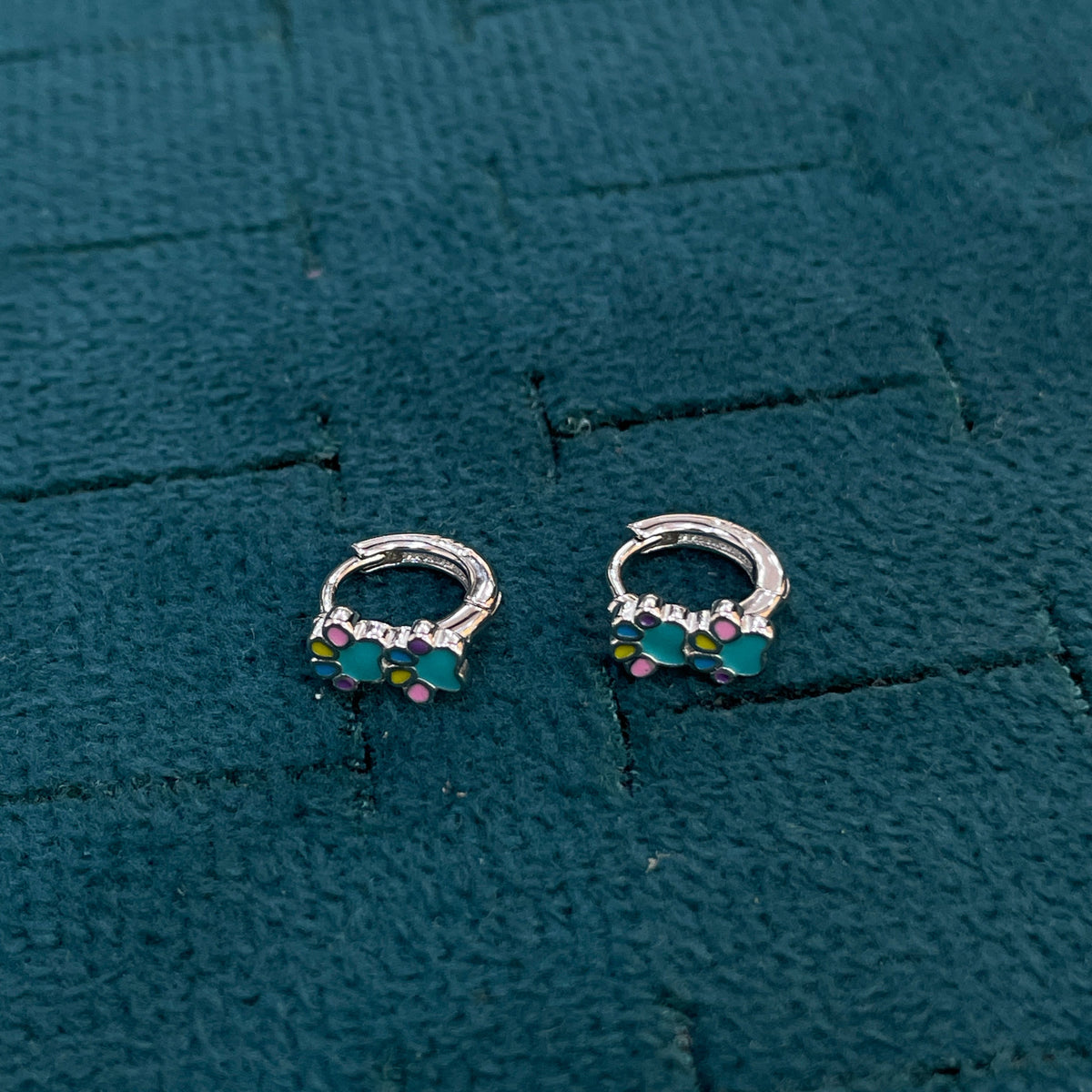 92.5 Silver Enamel Paw Print Huggie Hoop Earrings for Girls