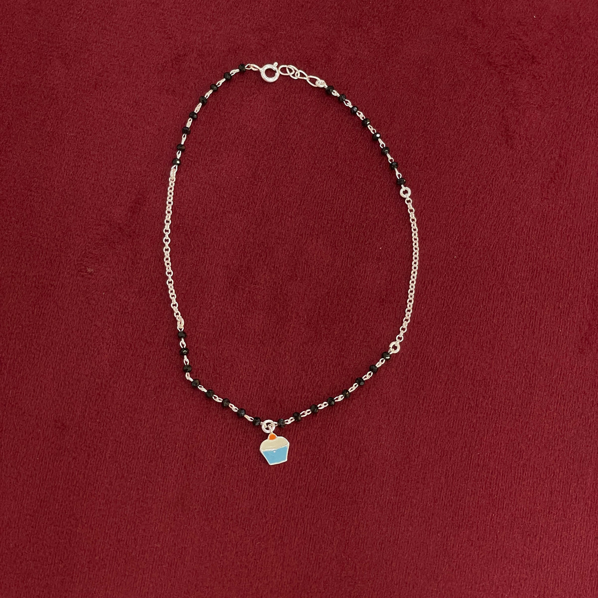 92.5 Silver Black Bead Cupcake Charm Anklet - Single Pc
