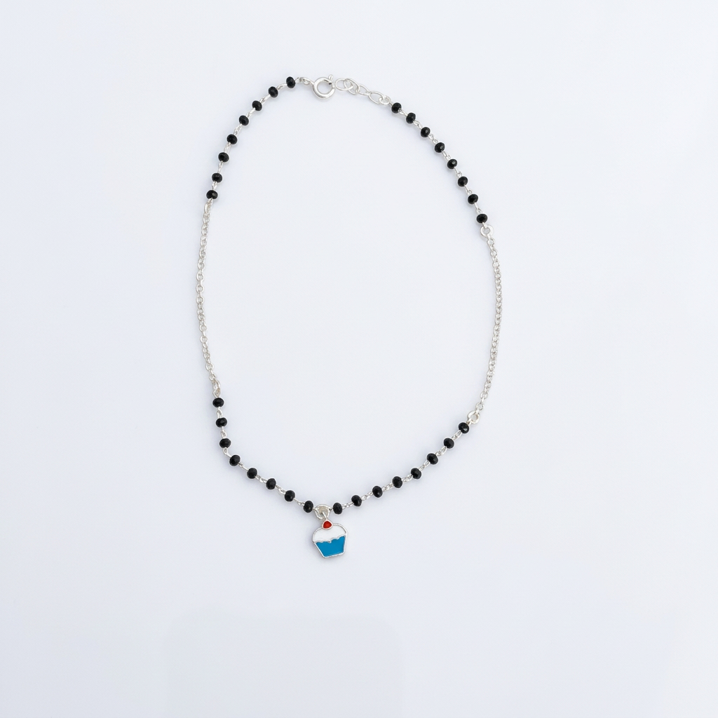 92.5 Silver Black Bead Cupcake Charm Anklet - Single Pc