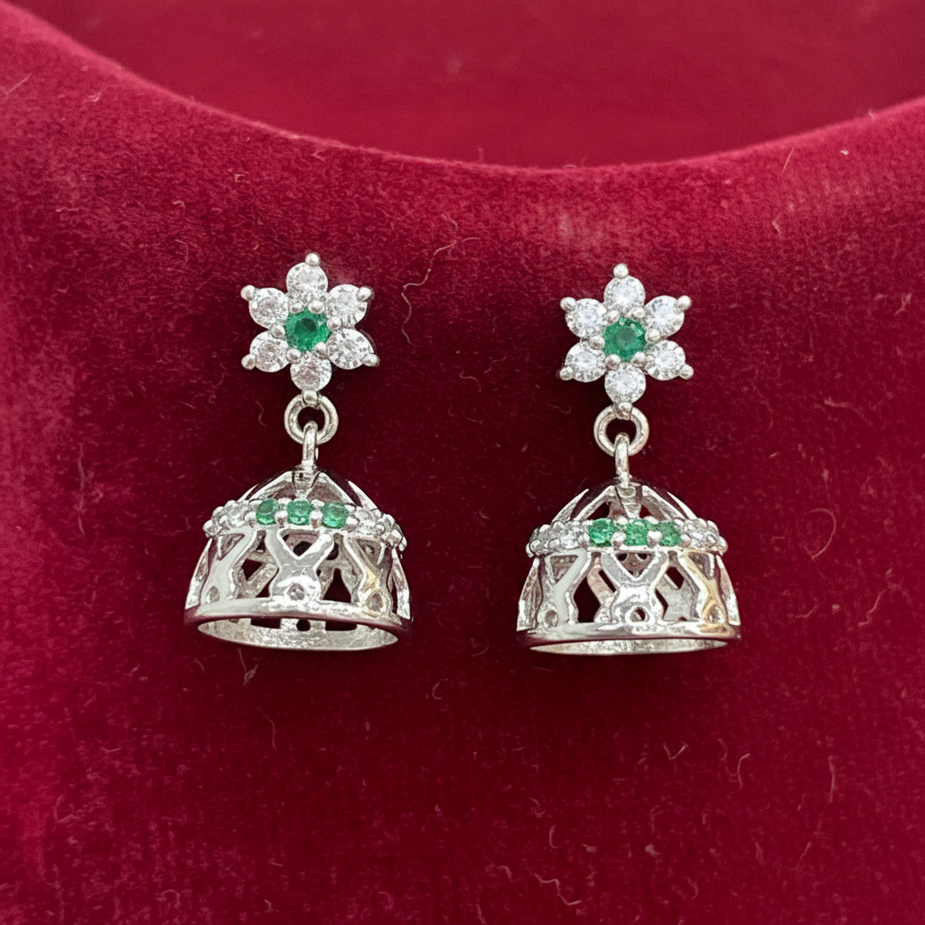 92.5 Sterling Silver CZ Flower Top Filigree Jhumka Earrings for Women | White & Green CZ Jhumki Pair