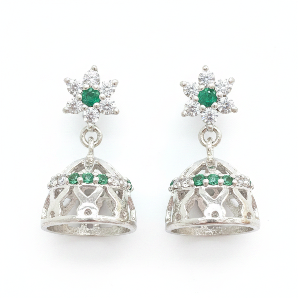 92.5 Sterling Silver CZ Flower Top Filigree Jhumka Earrings for Women | White & Green CZ Jhumki Pair