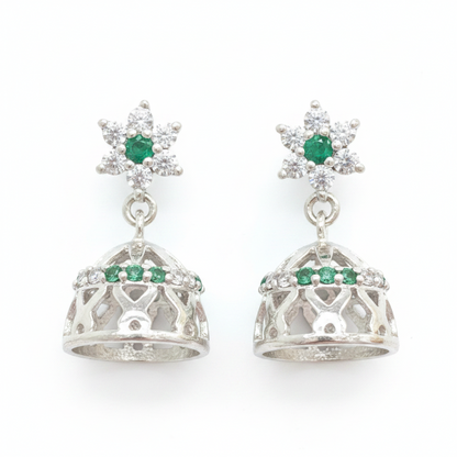 92.5 Sterling Silver CZ Flower Top Filigree Jhumka Earrings for Women | White & Green CZ Jhumki Pair