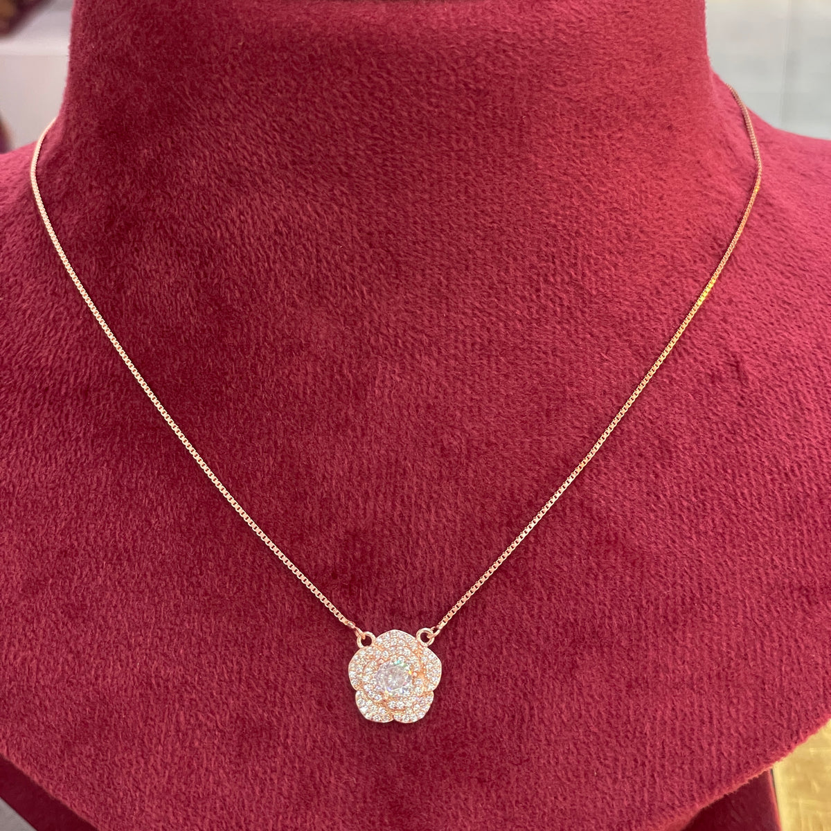 92.5 Silver Rose Gold Plated Pave CZ Rose Flower Pendant Necklace for Women