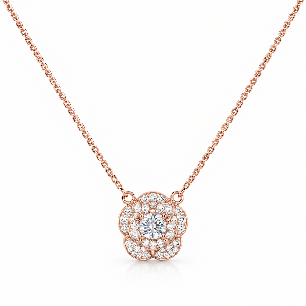 92.5 Silver Rose Gold Plated Pave CZ Rose Flower Pendant Necklace for Women