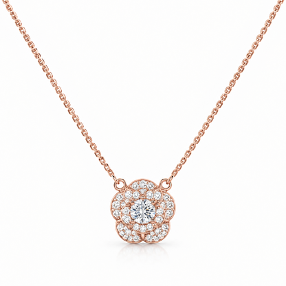 92.5 Silver Rose Gold Plated Pave CZ Rose Flower Pendant Necklace for Women