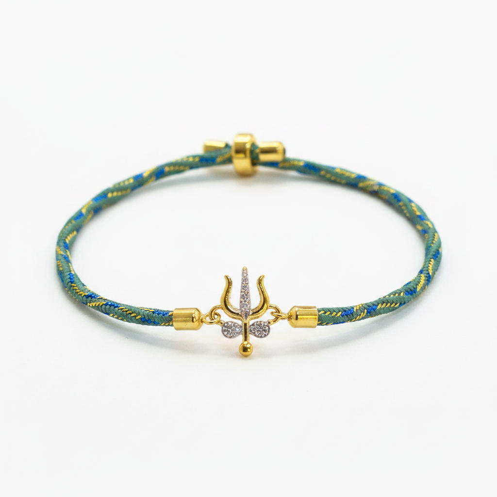 Silver Trishul Rakhi for Brother | Gold Plated Trishul Charm with CZ Stones on Teal Thread
