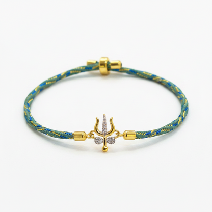 Silver Trishul Rakhi for Brother | Gold Plated Trishul Charm with CZ Stones on Teal Thread