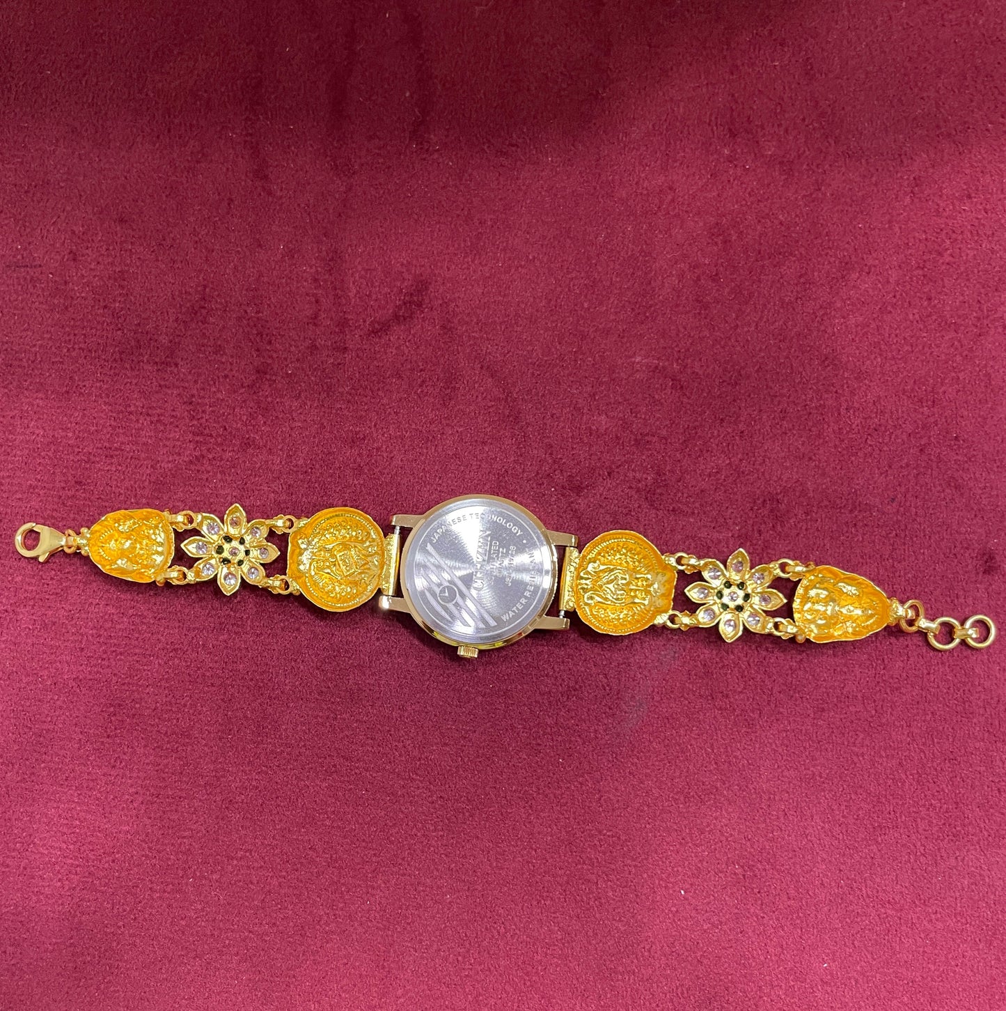 925 Silver Gold-Plated Nakshi Bracelet Watch with White & Emerald CZ Flowers