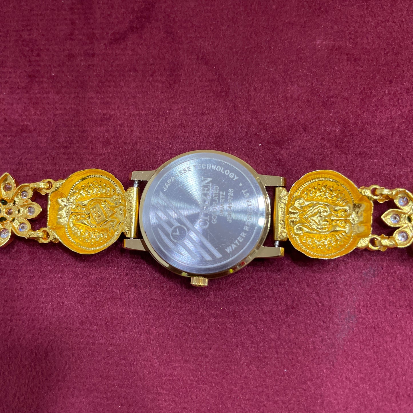925 Silver Gold-Plated Nakshi Bracelet Watch with White & Emerald CZ Flowers