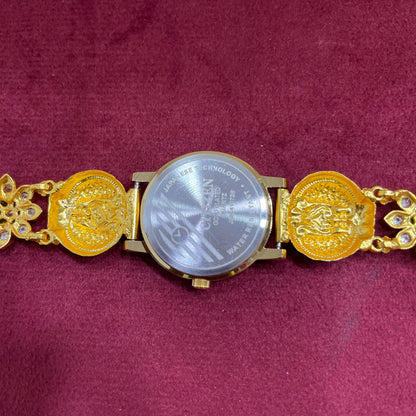 925 Silver Gold-Plated Nakshi Bracelet Watch with White & Emerald CZ Flowers