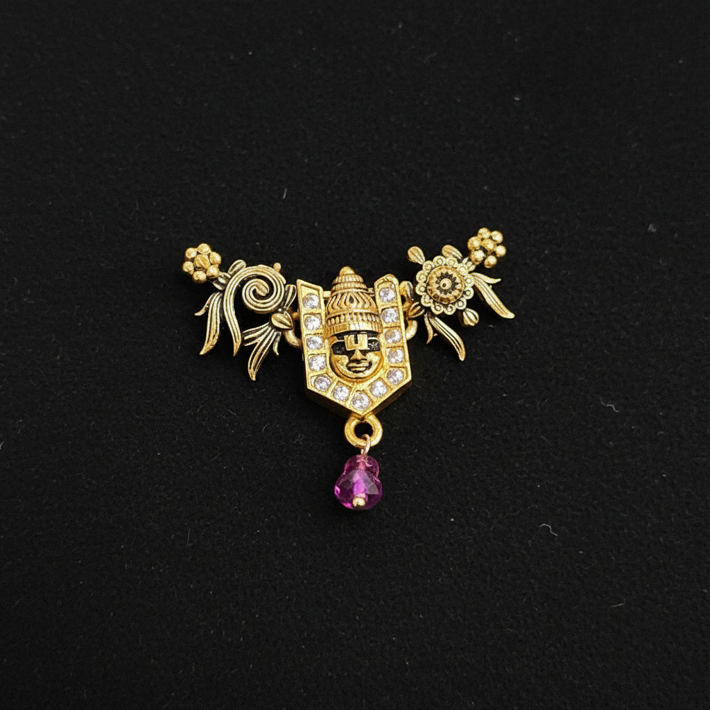 Decorative brooch with intricate design on a blue textured background