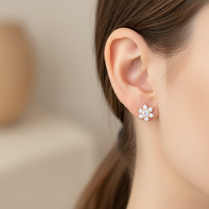 925 Silver Gold Finish Floral Cluster Stud Earrings | CZ Earrings with Ball Screw Back