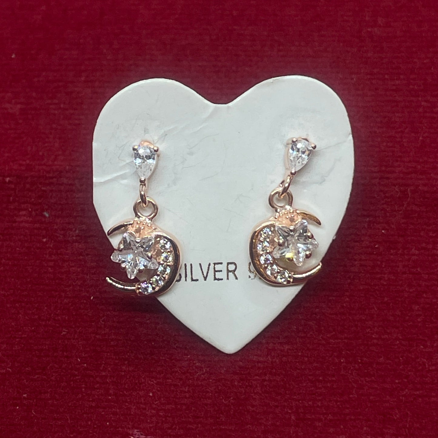 Rose Gold Plated 92.5 Sterling Silver CZ Star & Crescent Moon Drop Earrings for Women | Pear CZ Stud with Pavé Moon Dangle | Second Piercing Earring Pair