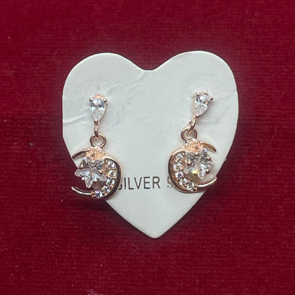 Rose Gold Plated 92.5 Sterling Silver CZ Star & Crescent Moon Drop Earrings for Women | Pear CZ Stud with Pavé Moon Dangle | Second Piercing Earring Pair