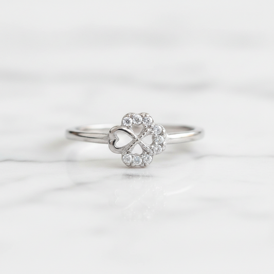 92.5 Sterling Silver Four-Heart Clover with White CZ Border Finger Ring