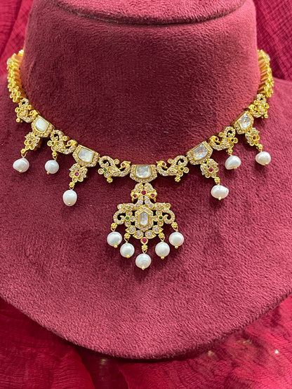 92.5 Silver Gold Plated White Stone Necklace for Women | Stylish Sparkling Design | Elegant Jewellery