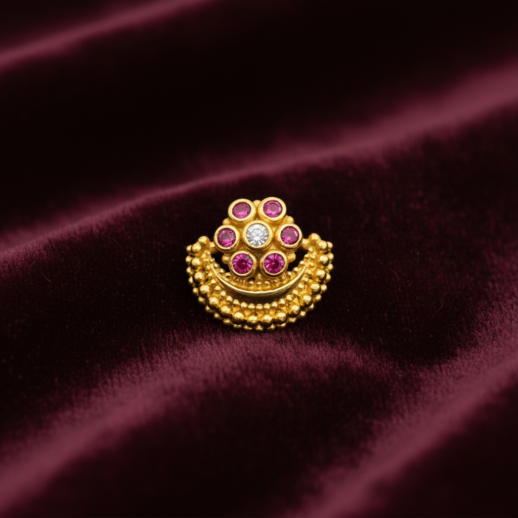 925 Silver Gold Plated Ruby Flower Temple Nosepin