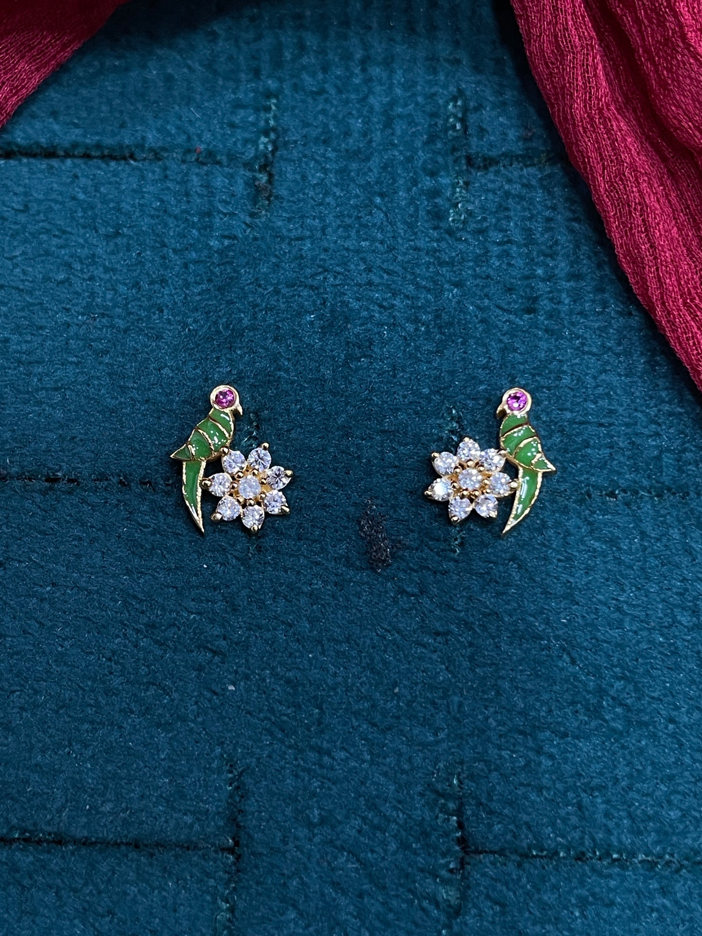 925 Sterling Silver Parrot Floral Stud Earrings for Women | Gold Plated with Green Enamel & CZ Stones - PAIR