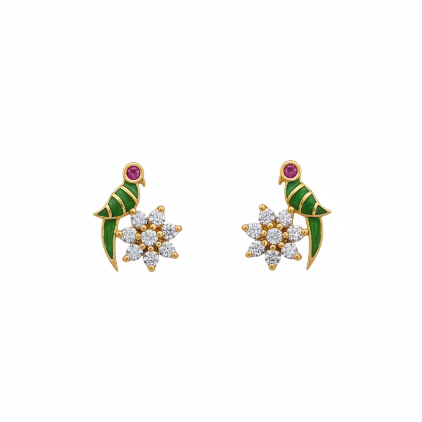 925 Sterling Silver Parrot Floral Stud Earrings for Women | Gold Plated with Green Enamel & CZ Stones - PAIR